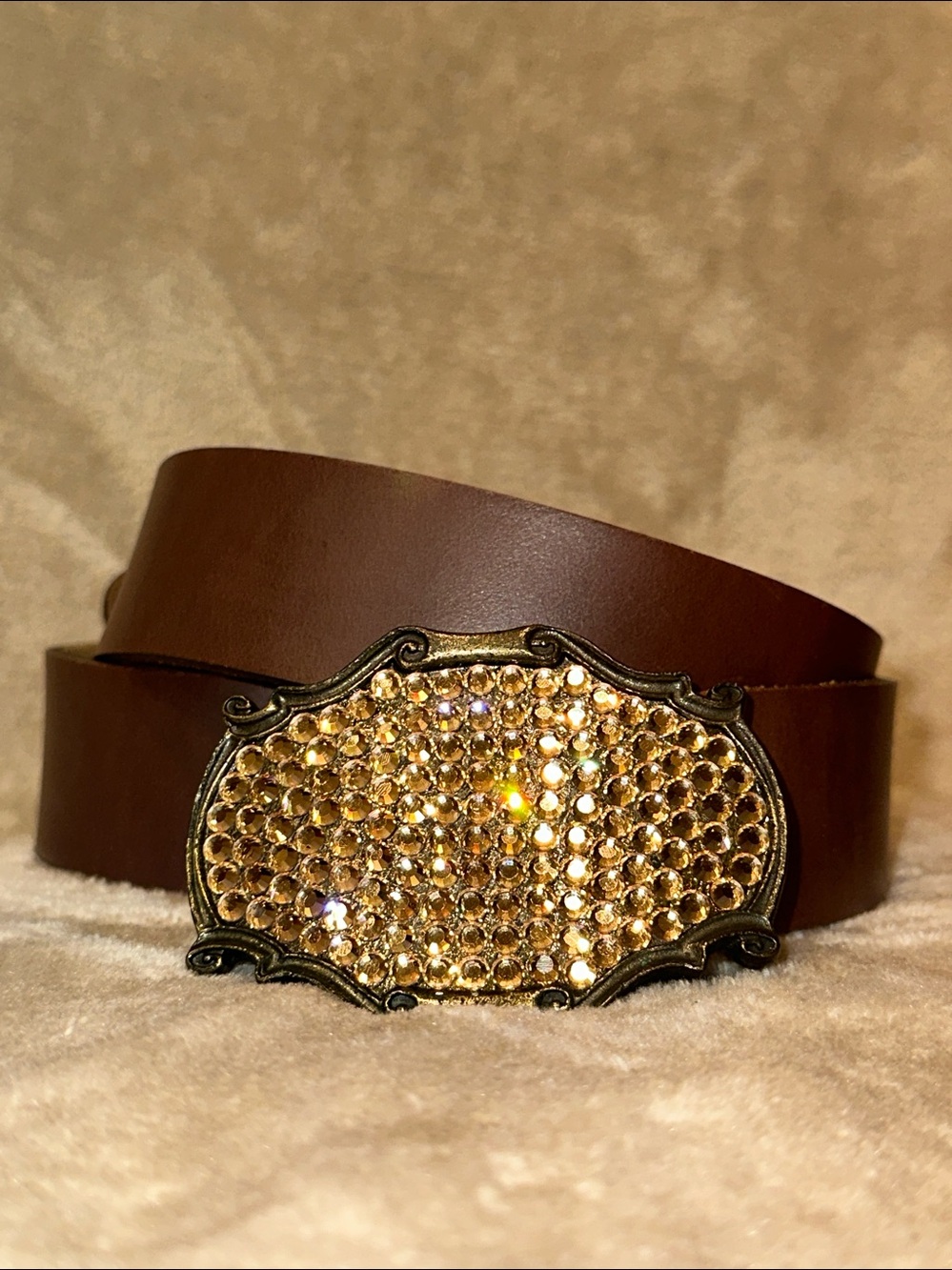 Joomi Joolz Brown Rhinestone Buckle Western Rodeo Genuine Leather Belt S/M